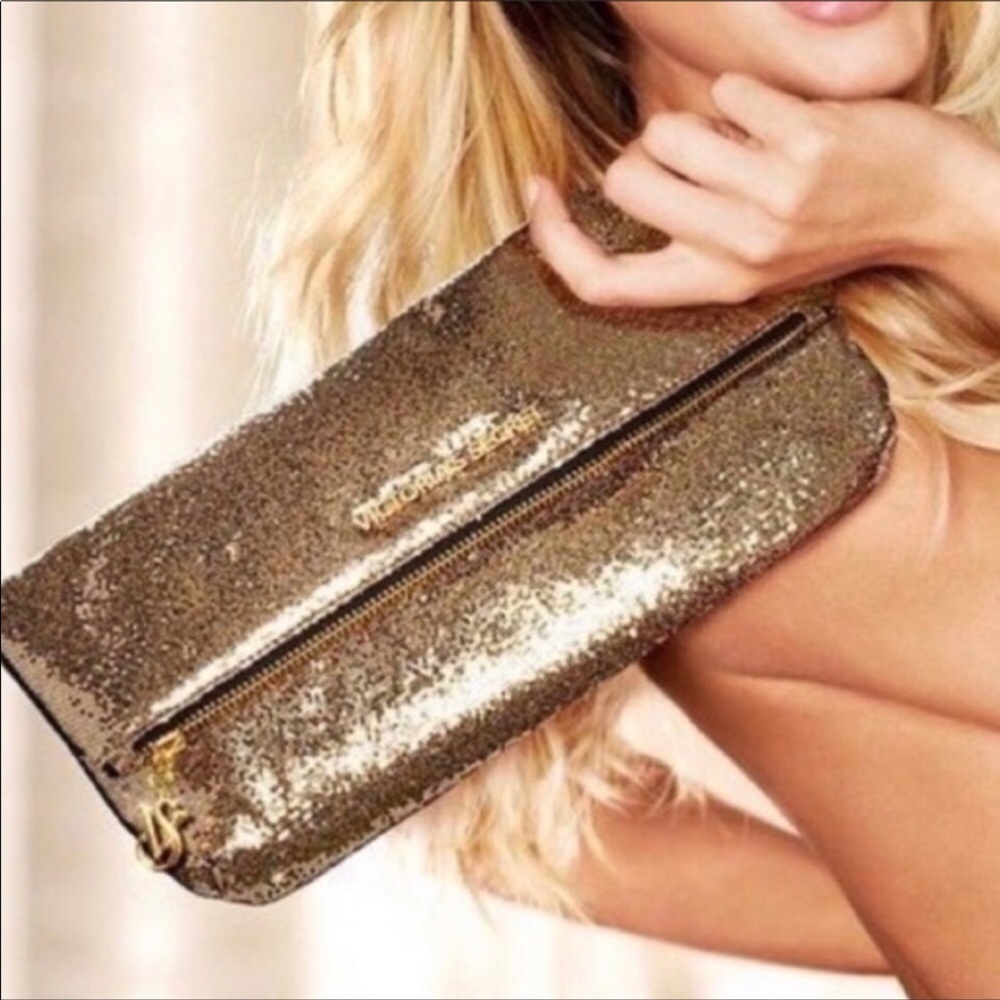Victoria Secret Fold Over Clutch Zippered Gold Sparkle